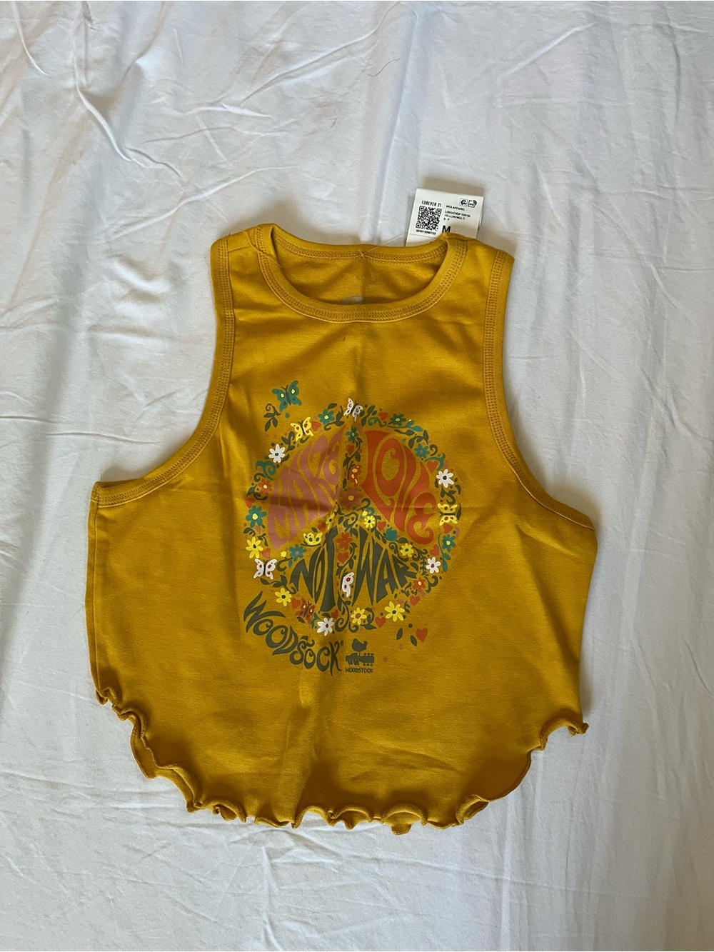 Forever 21 Mustard Yellow Woodstock Graphic Crop Tank